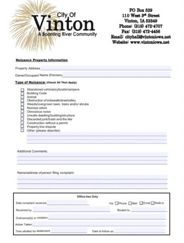 City of Vinton offers new Nuisance reporting form available on the city website