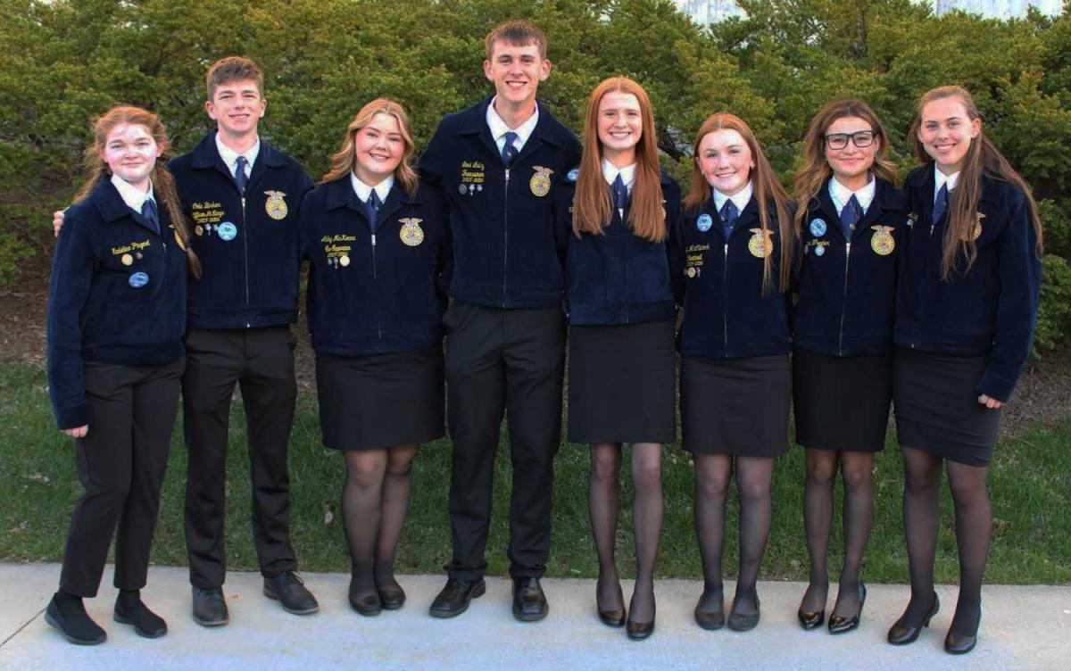  The newly elected Vinton-Shellsburg FFA Officer Team: Madeline Pingenot, Cole Birker, Abby McKenna, Levi Lutz, Ciara Dods, Zoey McClintock, Raine Wheeler, and Ali Lutz. . Click to read article