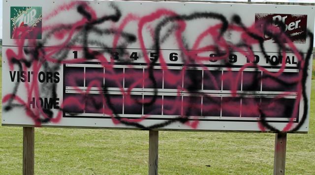 Vandalism in SE Vinton included spray-painting of the scoreboard of the VSMS softball field.