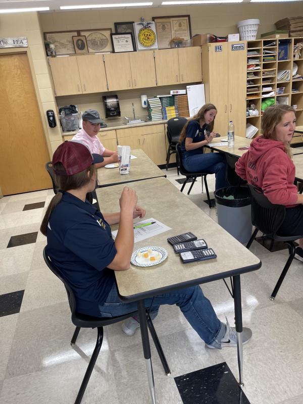 Bailey Weeks, Clayton McKenna, and Annabelle Newton judging different dairy foods.
