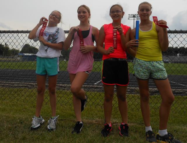 VS Girls 11-12 yr old 4x100 relay team: Sara Schminke, Libbie Timmerman, Olivia Coder, Taylor Spies