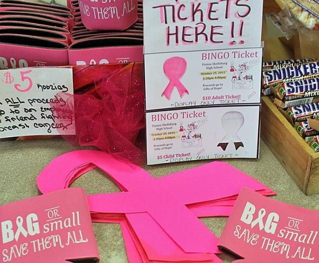 Koozies & ribbons are for sale at Ehlinger's Vinton Express to raise funds to fight breast cancer.