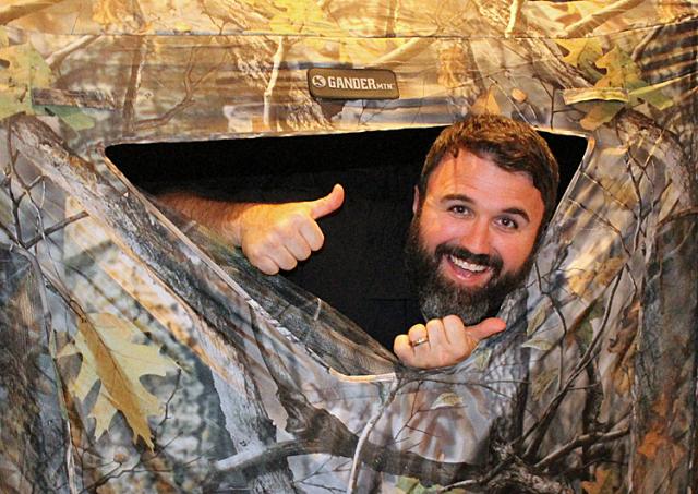 Matt Purdy poses in the hunting blind he won at the Red Cedar banquet.