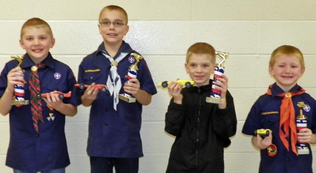 Race Champs: Webelo Graham Henkle, Bear Ryan Carolus, Wolf Travis Bender and Tiger Brady Whelan.