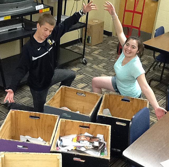 Sam Martin and Raechel Wehage with some of the items being recycled at VSHS.