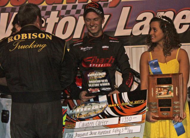 Scott Hogan congratulates Cayden Carter on winning the Hogan Memorial Modified Feature.