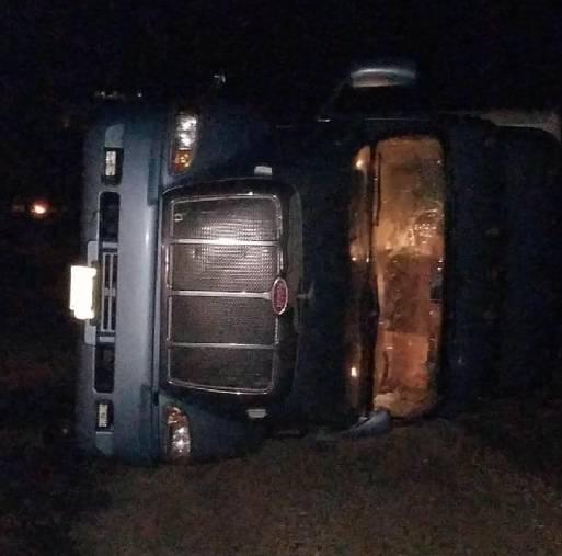 One of Rick Primmer's Truck lays on its side following the storm Saturday night.