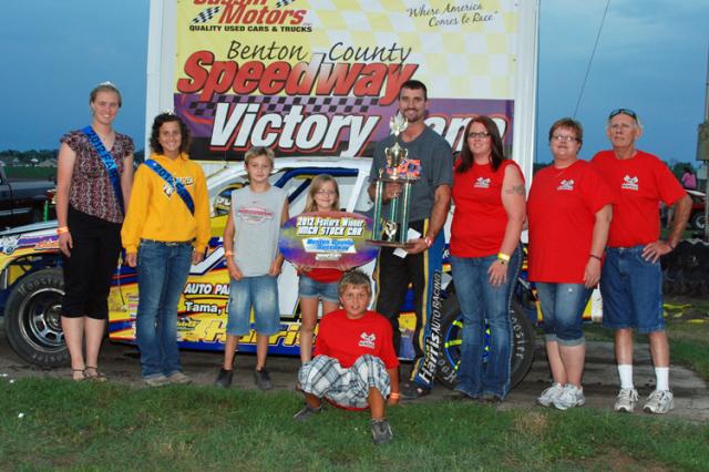 Jay Schmidt won the stock car feature trophy Sunday at the Benton County Speedway.