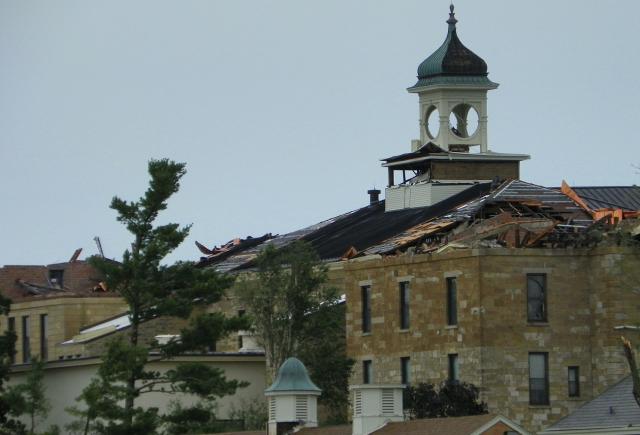 Siginificant damage to the IBSSS roof could be seen Monday.