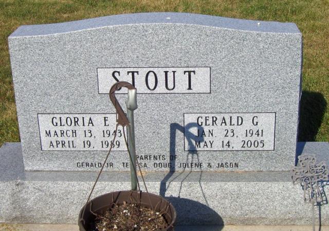The gravestone for Gloria and Gerald Stout, at Raetz Cemetery near Atkins.