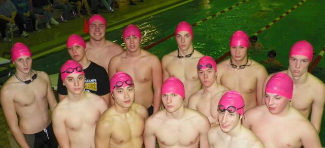 The VS boys swim team wore pink caps to show support for school's efforts to fight breast cancer.