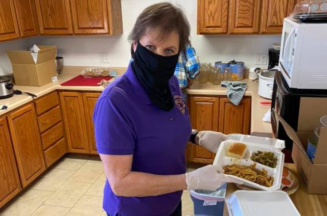 Teresa Meyer prepared the first meal for the beef and noodle supper on Saturday in Garrison.