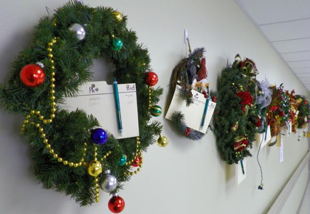 Along with the VGH Holiday Walk trees, these wreaths are available for bidding near Rehab Services.