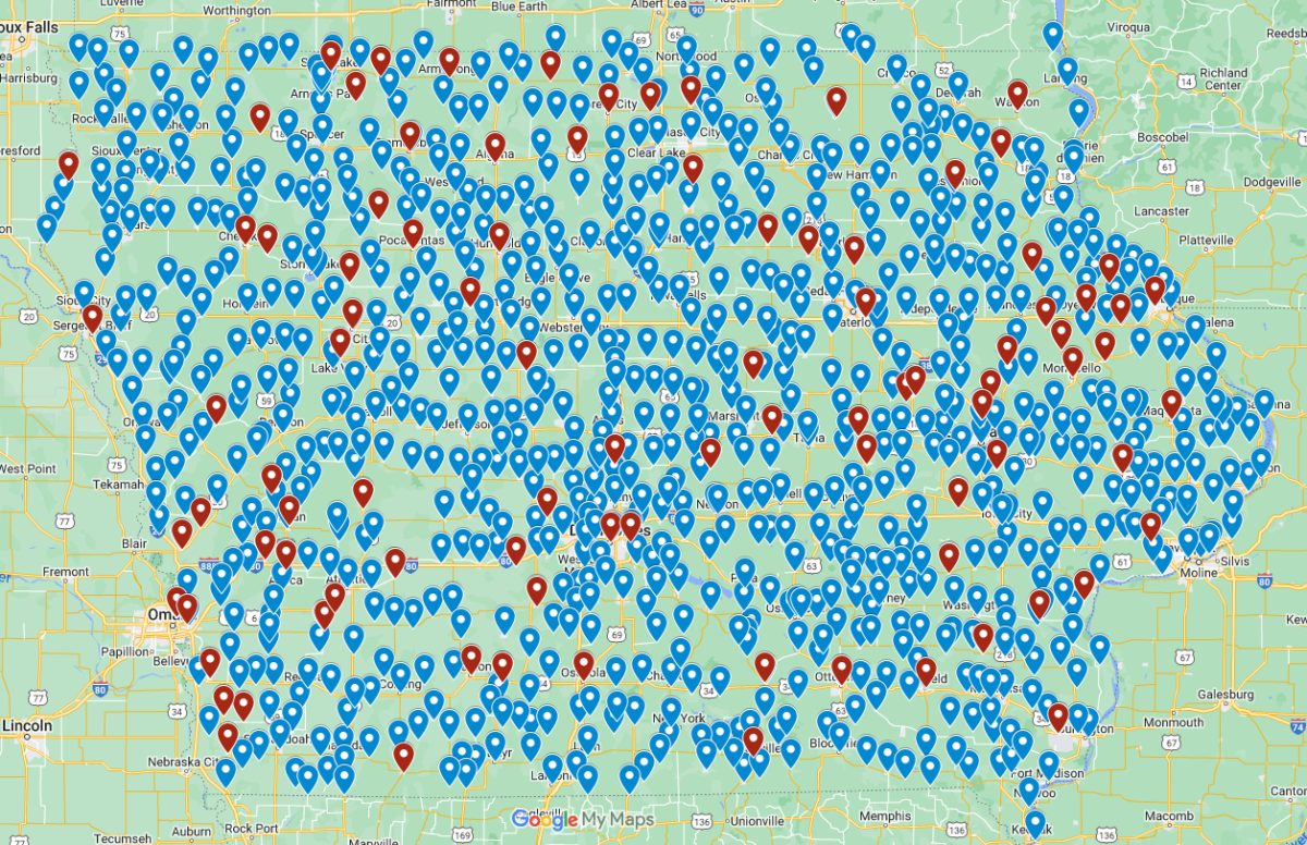 Less than 10% of Iowa has a ban in place. Blue shows the communities with breed neutral laws and red shows communities with breed bans or restrictions across Iowa.