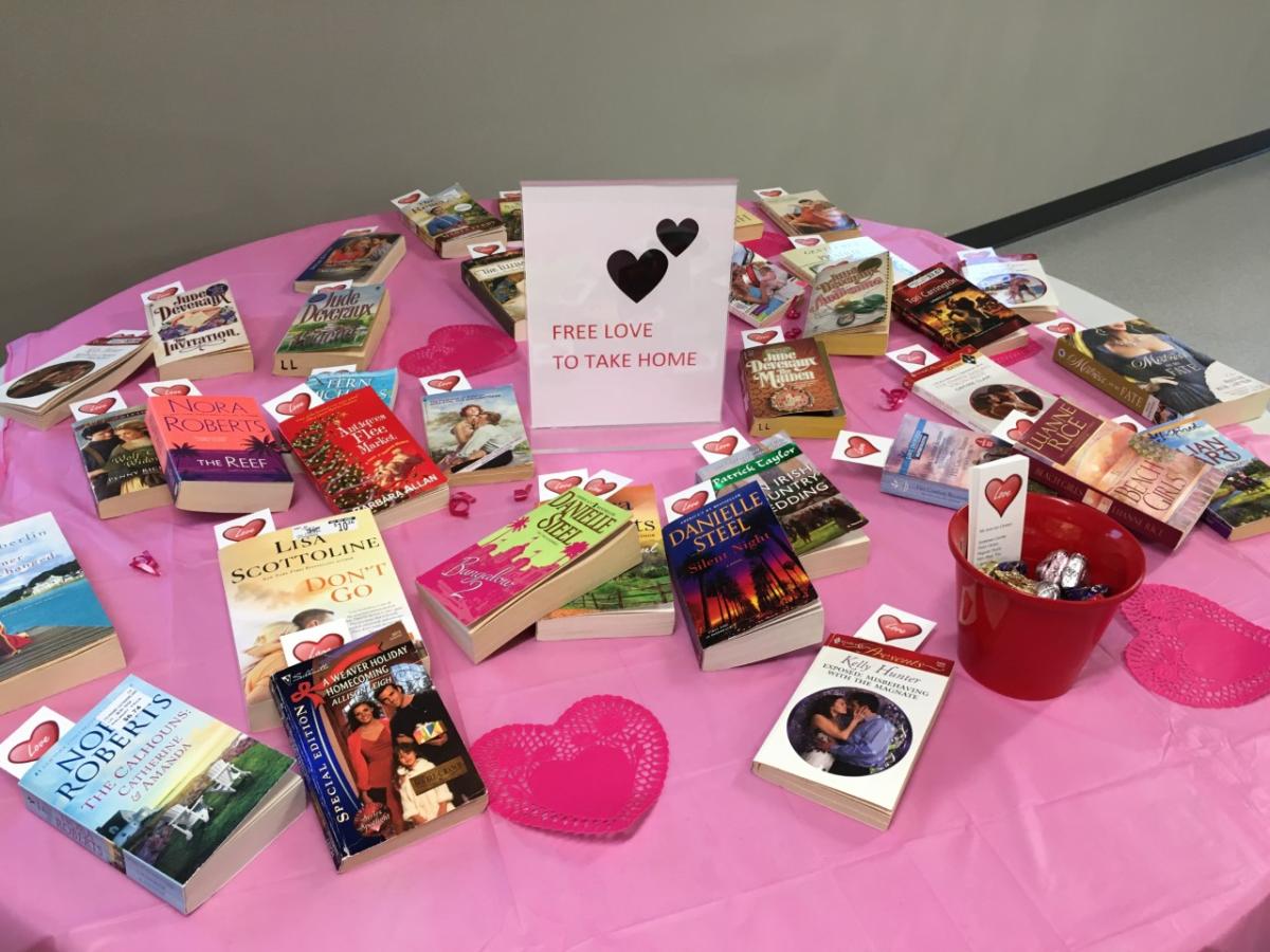 At the Feb. 10 Love at the Library valentine concert by The Laid Back Band, Friends of the Library offered party favors of romance novels, chocolates and Library hours bookmarks.