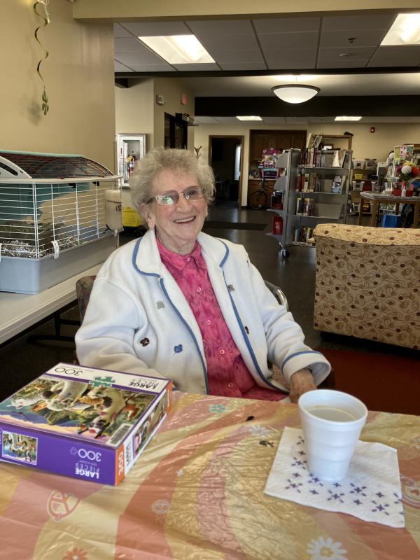 Mary Jane Gustoff enjoying coffee at Center Point Library's First Friday With Friends July 7.