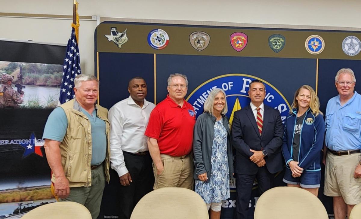 From left:  Representatives Mark Thompson, Eddie Andrews, Gerhold, Luana Stoltenberg, Texas DPS Regional Director Victor Escalon, Reps Helena Hayes, Steve Bradley, and Zach Dieken.  After a briefing in Weslaco, TX.