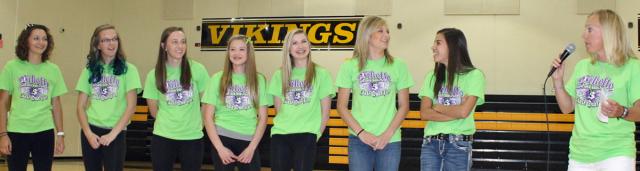 Coach Heather Kalous speaks during the pep rally for VSHS State Track athletes.