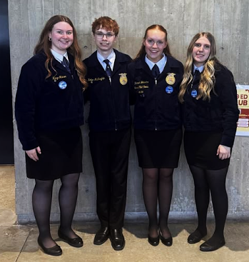 State Chorus Participants, L to R: Kinze Manson, Kolten McLaughlin, Hannah Walvatne, and Brynne Hite. . Click to read article