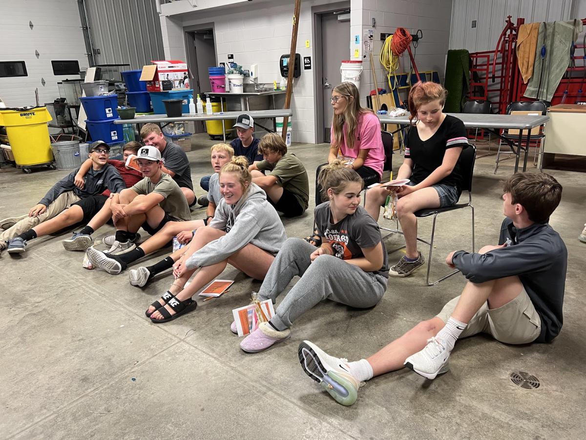 Austin Noe, Ben Buhr, Will McKenna, Tayton Schminke, Ben McGowan, Wesley McKenna, Ryan Shipley, Kaelynn Pettyjohn, Paige Bearbower, Yasmine Rogers, Christine Kurt, and Paul Herger share a laugh learning about possible contests they can participate in.