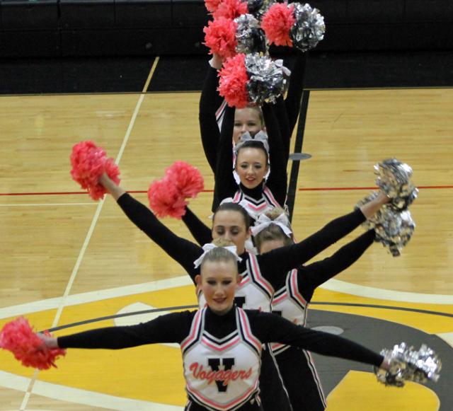 Voyagers perform their routine during halftime Tuesday; they compete this week at State.