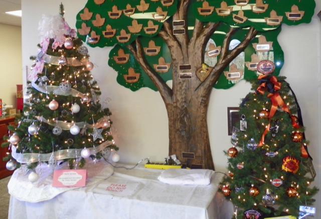 Two of the trees remain in VGH lobby, waiting to be picked up by their highest bidders.