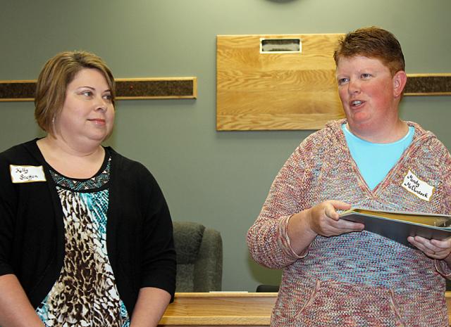 Kelly Steffen is the 2013 VSEA Teacher of the Year; Mindy McClintock presented the honor Wednesday.